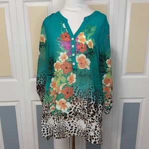 Soft Surroundings Teal Floral Leopard Print Tunic Top Medium 3/4 Sleeve V-Neck
